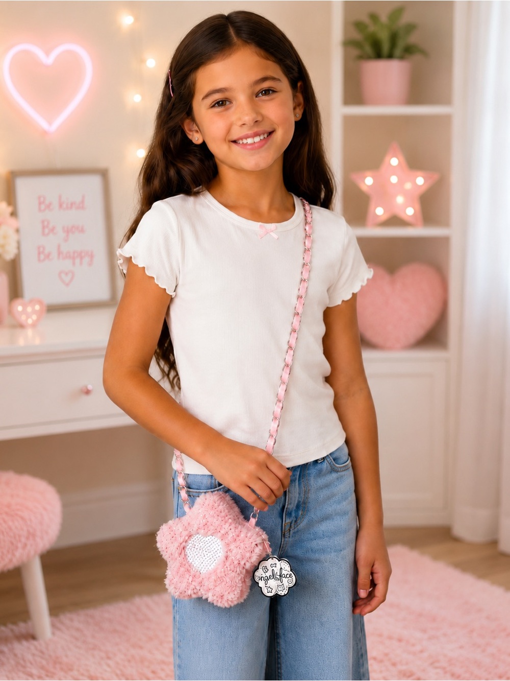 Angel Face Pink Fuzzy Star Purse Sequin Heart Kids Bag NWT